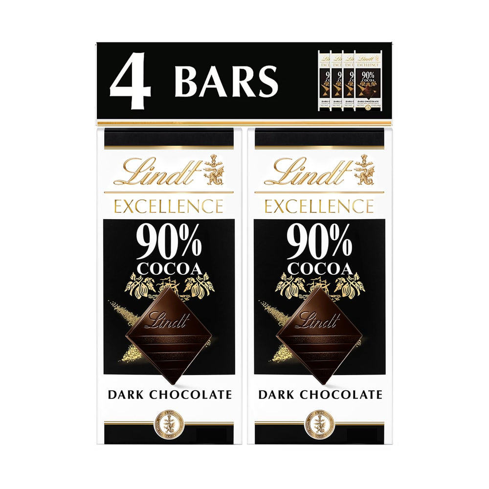 Lindt Excellence 90% dark chocolate bar four-pack showcasing premium cacao