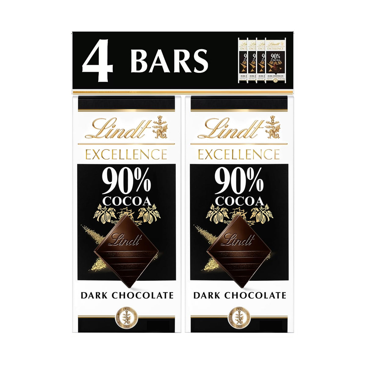 Lindt Excellence 90% dark chocolate bar four-pack showcasing premium cacao