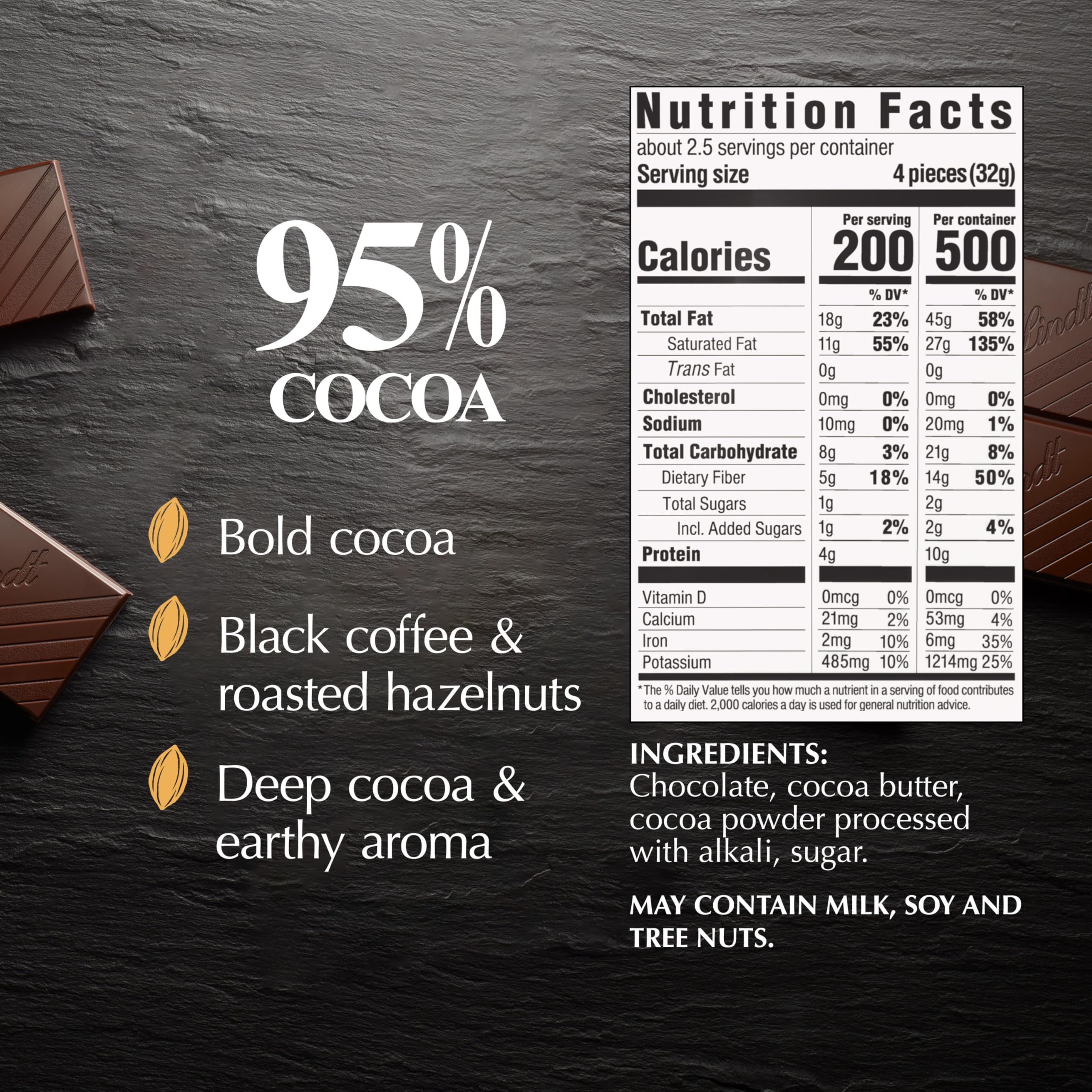 Lindt EXCELLENCE 95% bar squares closeup shows even portions for balanced bites.