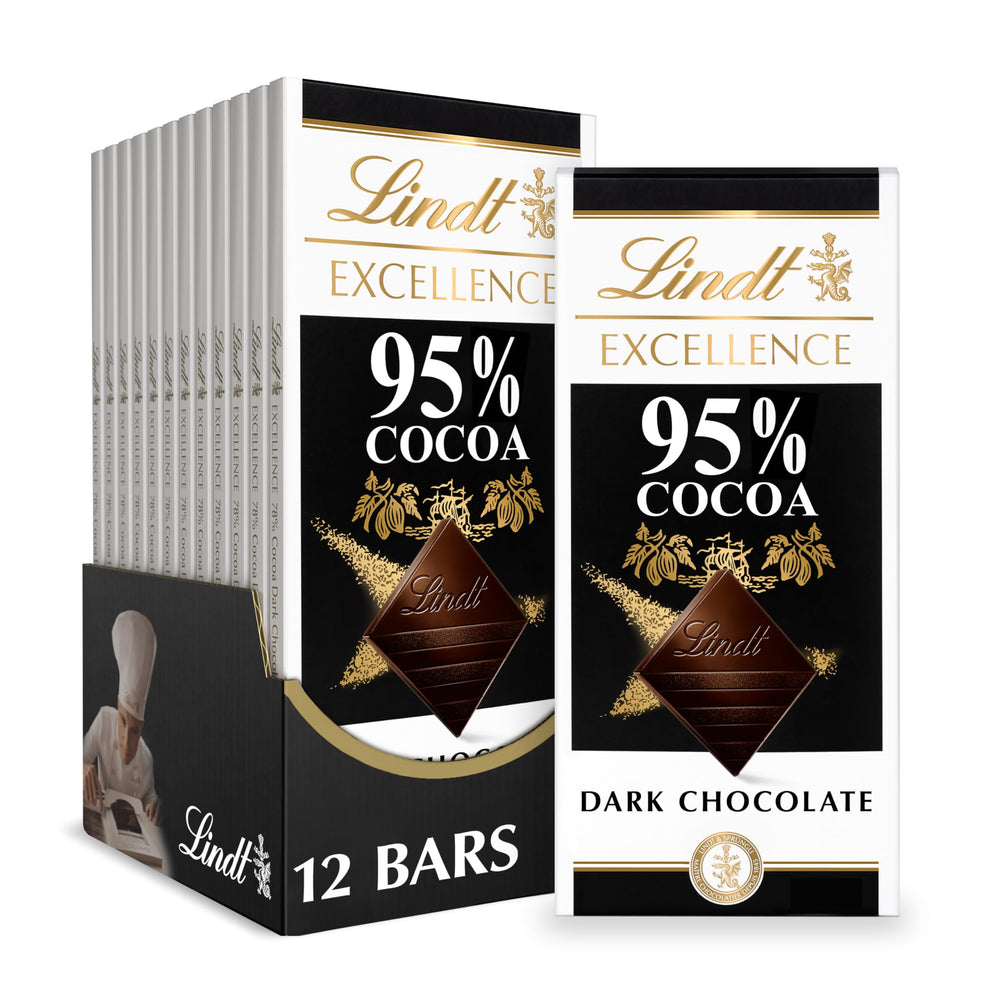 Lindt EXCELLENCE 95% bar unwrap closeup reveals premium dark chocolate for tasting.