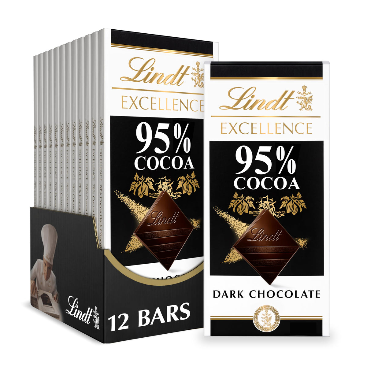 Lindt EXCELLENCE 95% bar unwrap closeup reveals premium dark chocolate for tasting.