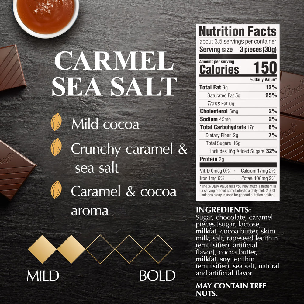 Lindt Excellence Caramel Sea Salt bar close-up highlighting caramel pieces and salt crystals.