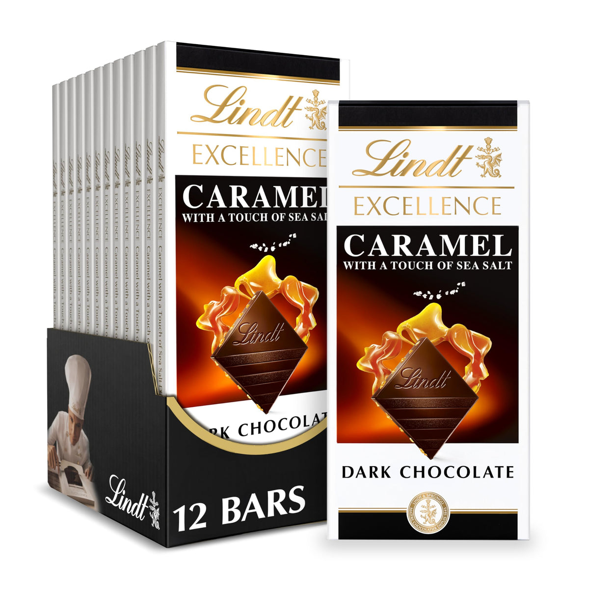 Lindt Excellence Caramel Sea Salt bar pack, gifting-ready premium chocolate experience.