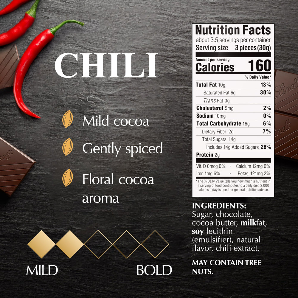 Lindt EXCELLENCE Chili Dark Chocolate Bar squares, pre-portioned for easy enjoyment.