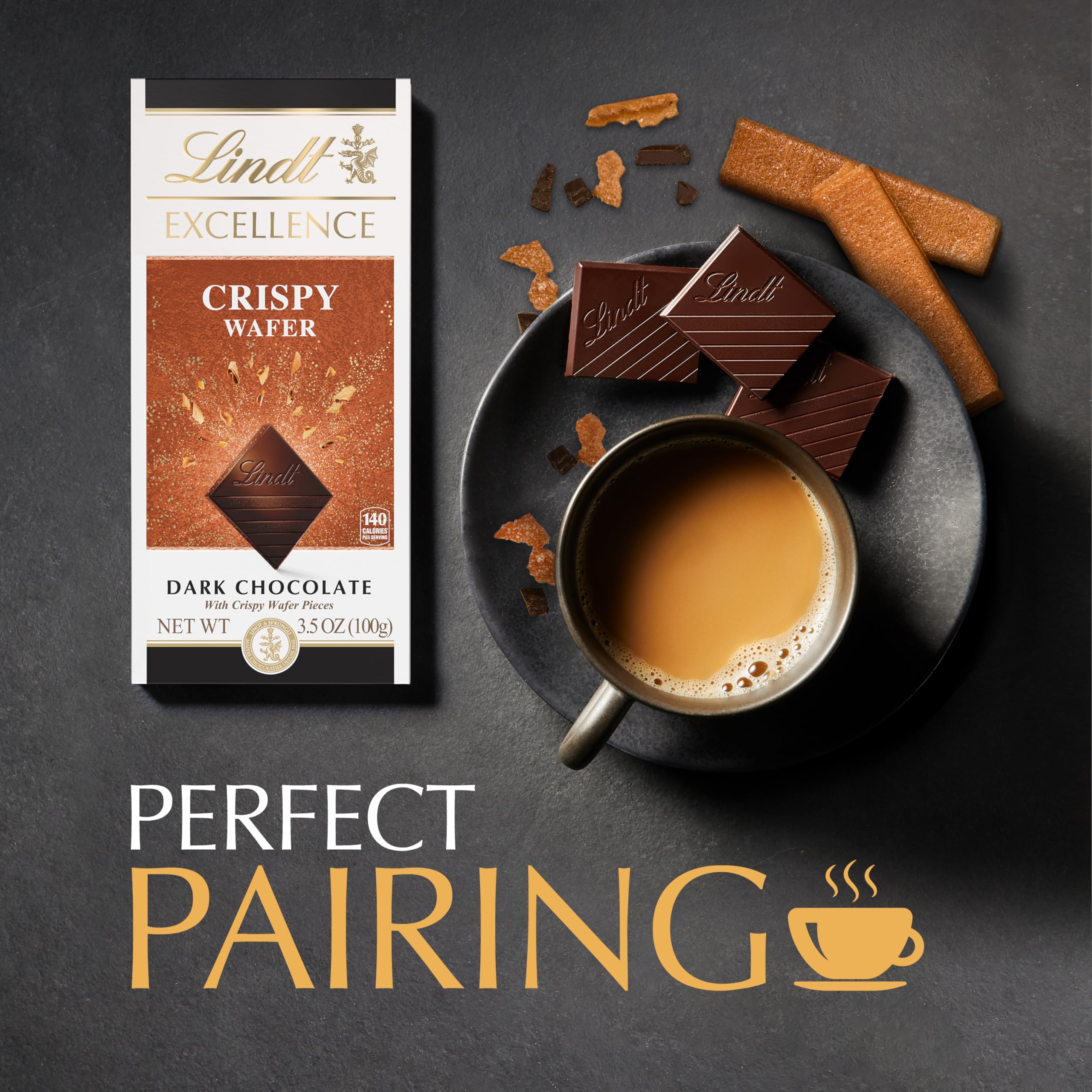 Lindt EXCELLENCE Crispy Wafer dark chocolate closeup with silky melt and wafer crunch.