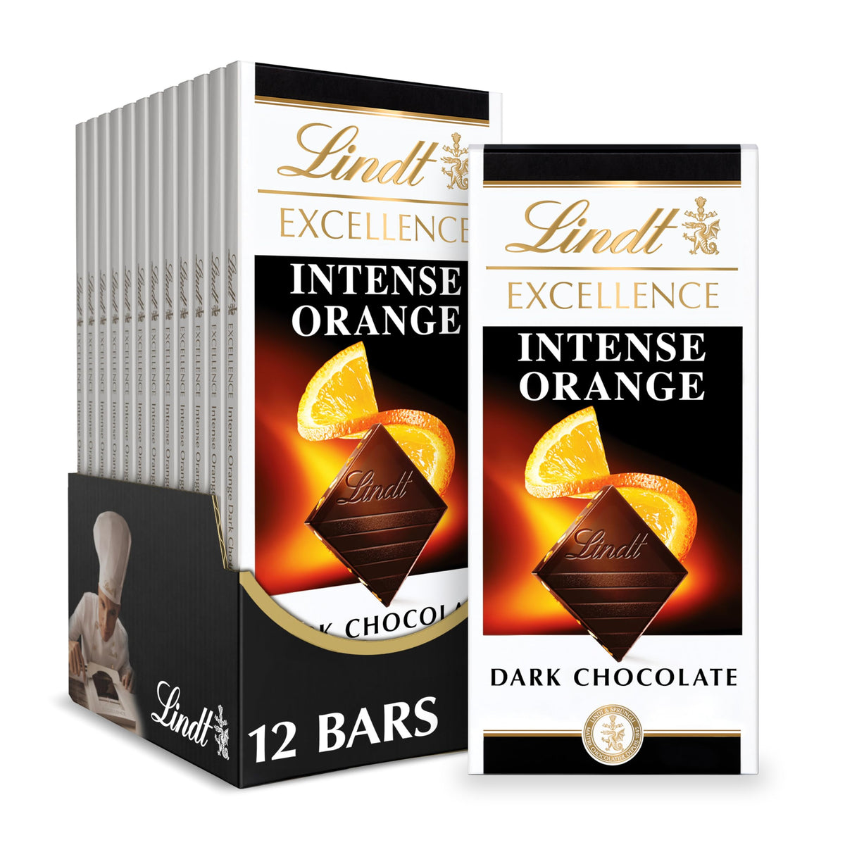 Lindt EXCELLENCE Intense Orange 12-pack bars, ideal for gifting.