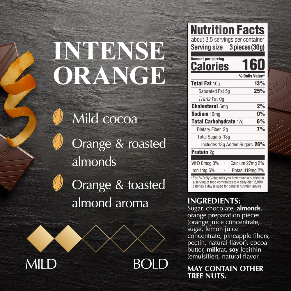 Close-up of Lindt EXCELLENCE Intense Orange chocolate highlighting orange and almond textures.