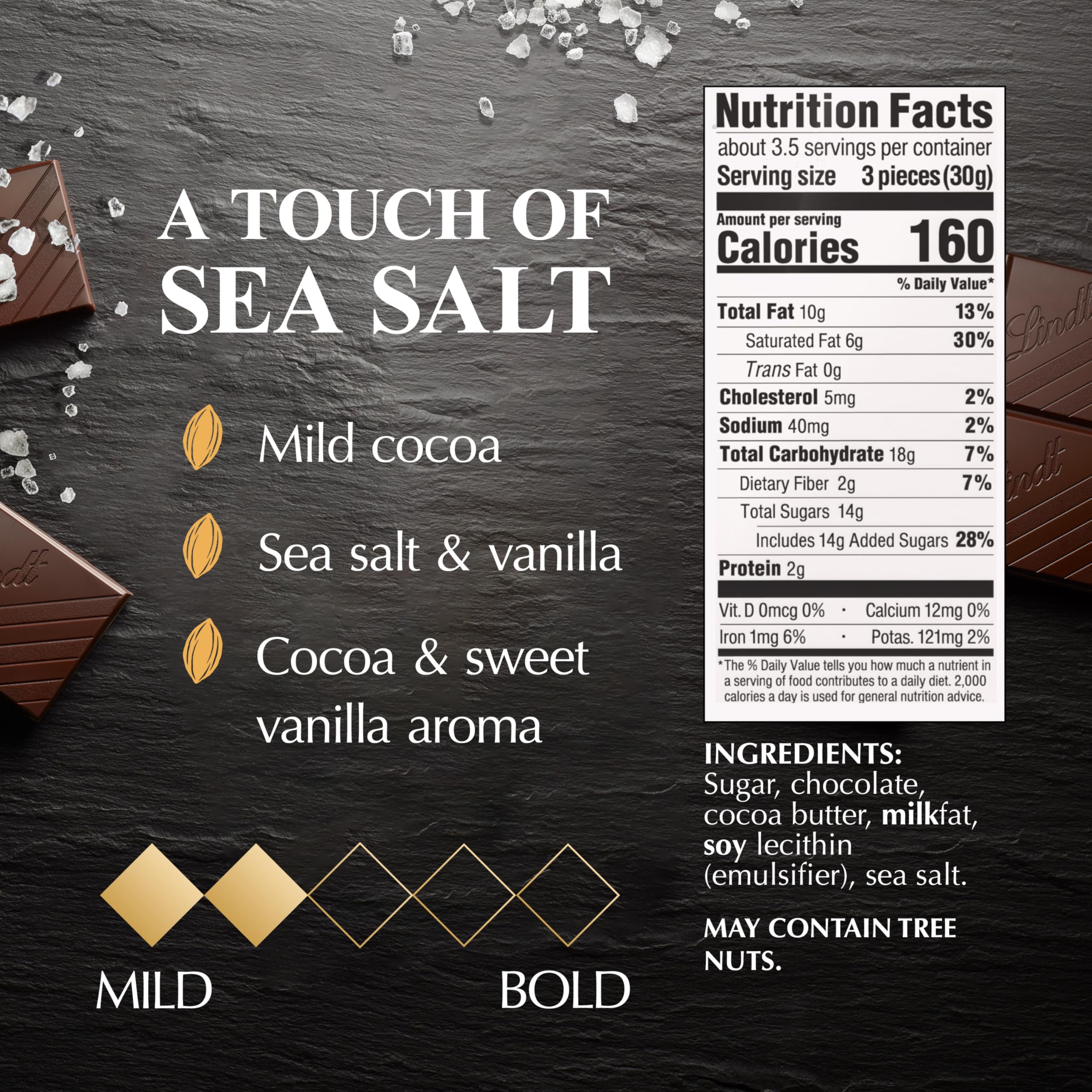 Lindt EXCELLENCE Sea Salt bars close-up showing individual squares ready for tasting.