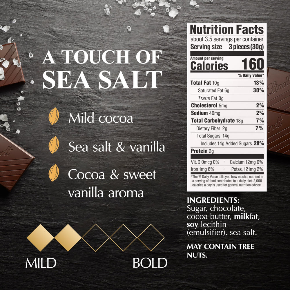 Lindt EXCELLENCE Sea Salt bars close-up showing individual squares ready for tasting.
