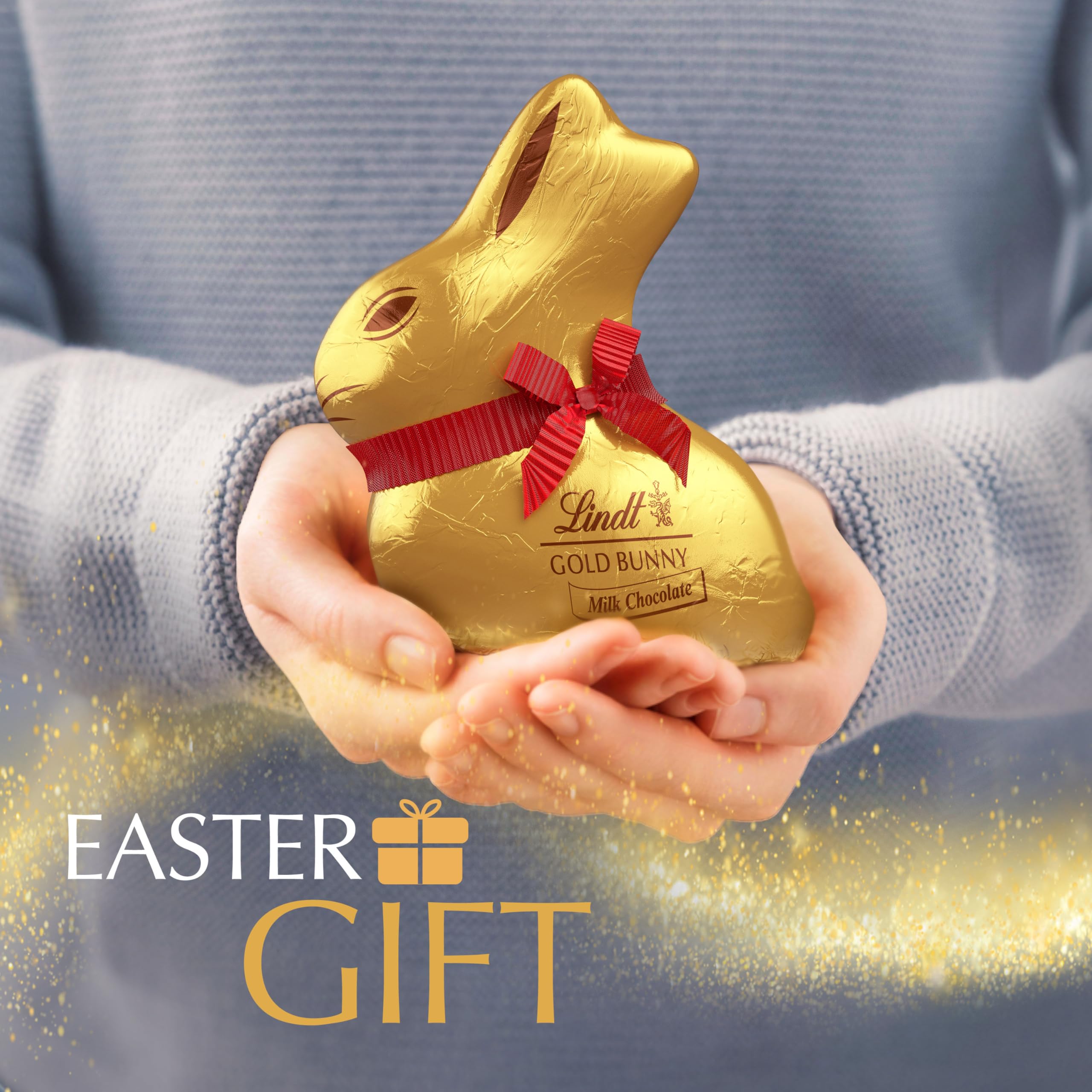 Lindt GOLD BUNNY in Easter basket display, ready for sharing.