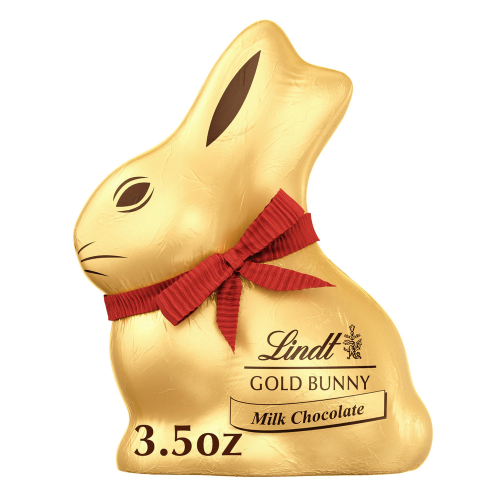 Lindt GOLD BUNNY milk chocolate with gold foil wrap, a festive Easter centerpiece.