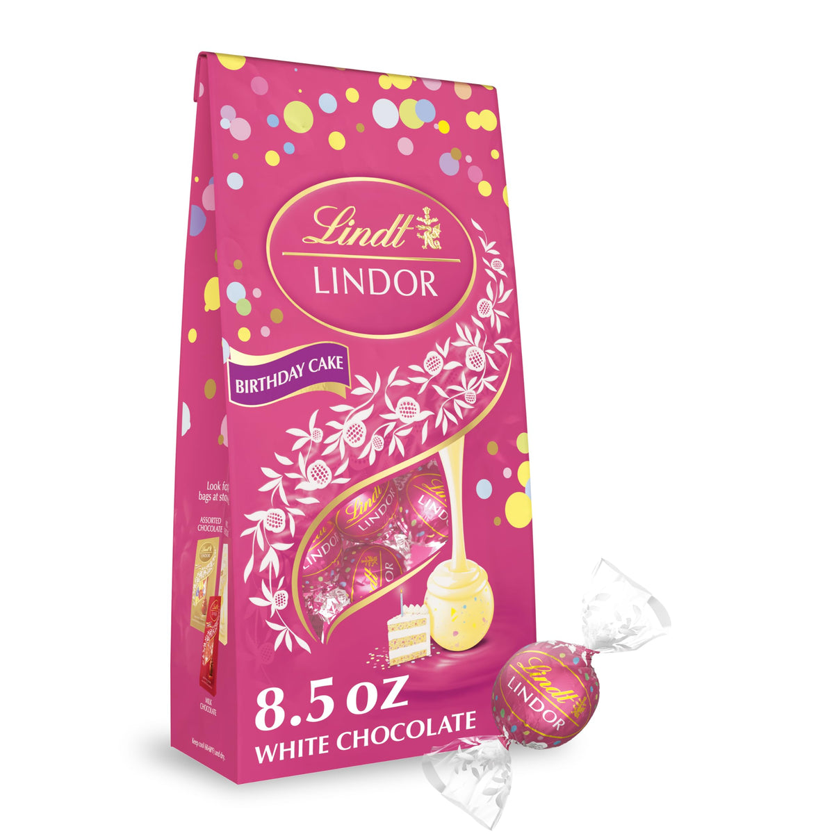 Lindt LINDOR Birthday Cake truffles pack front view, gift-ready indulgence.