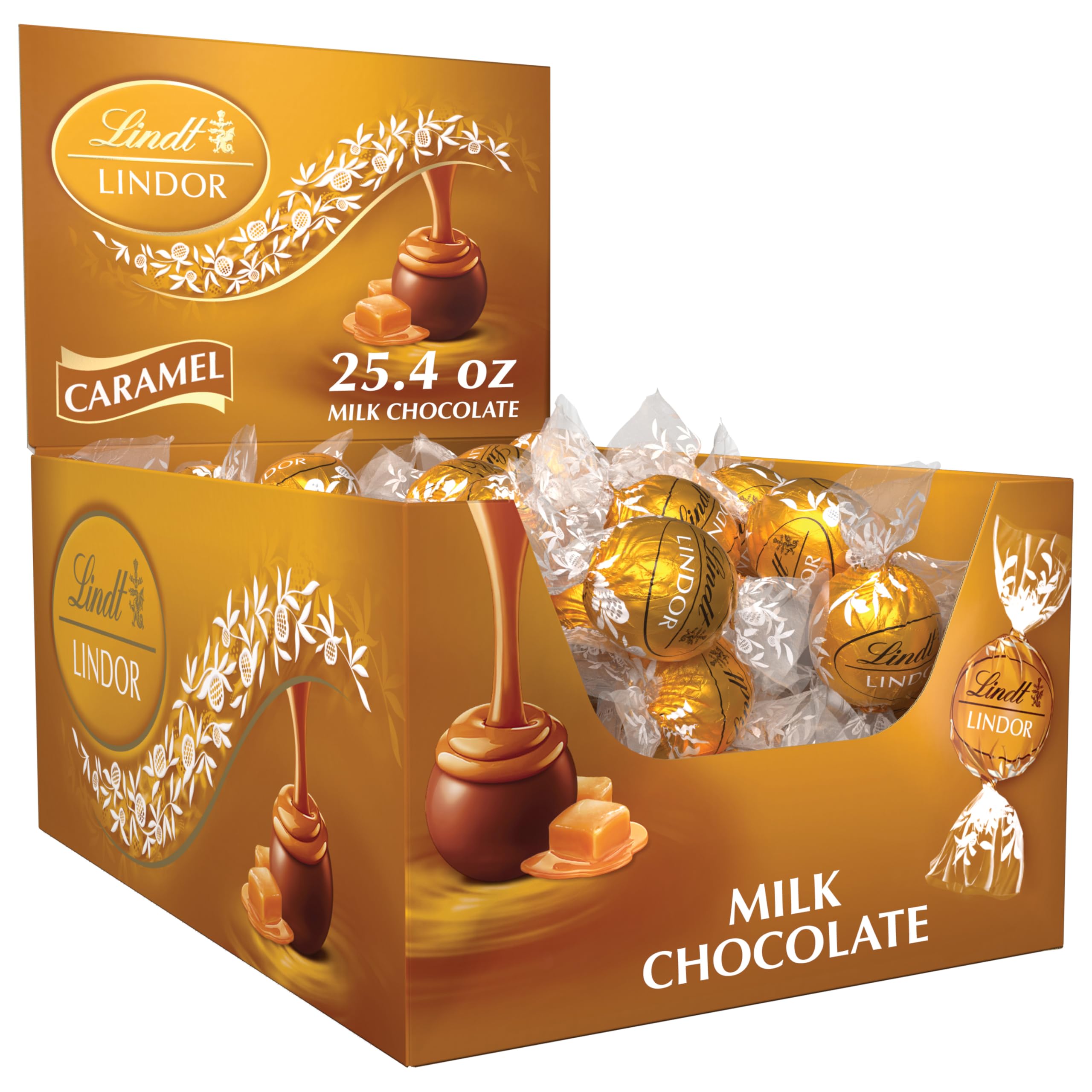 Lindt Lindor Caramel Milk Chocolate box front, ideal gifting with premium presentation.