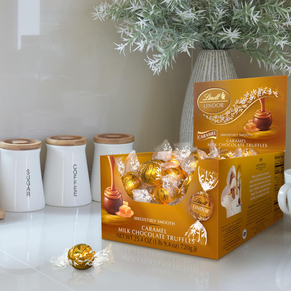 Lindt Lindor Caramel Milk Chocolate shell and center, highlighting premium texture.