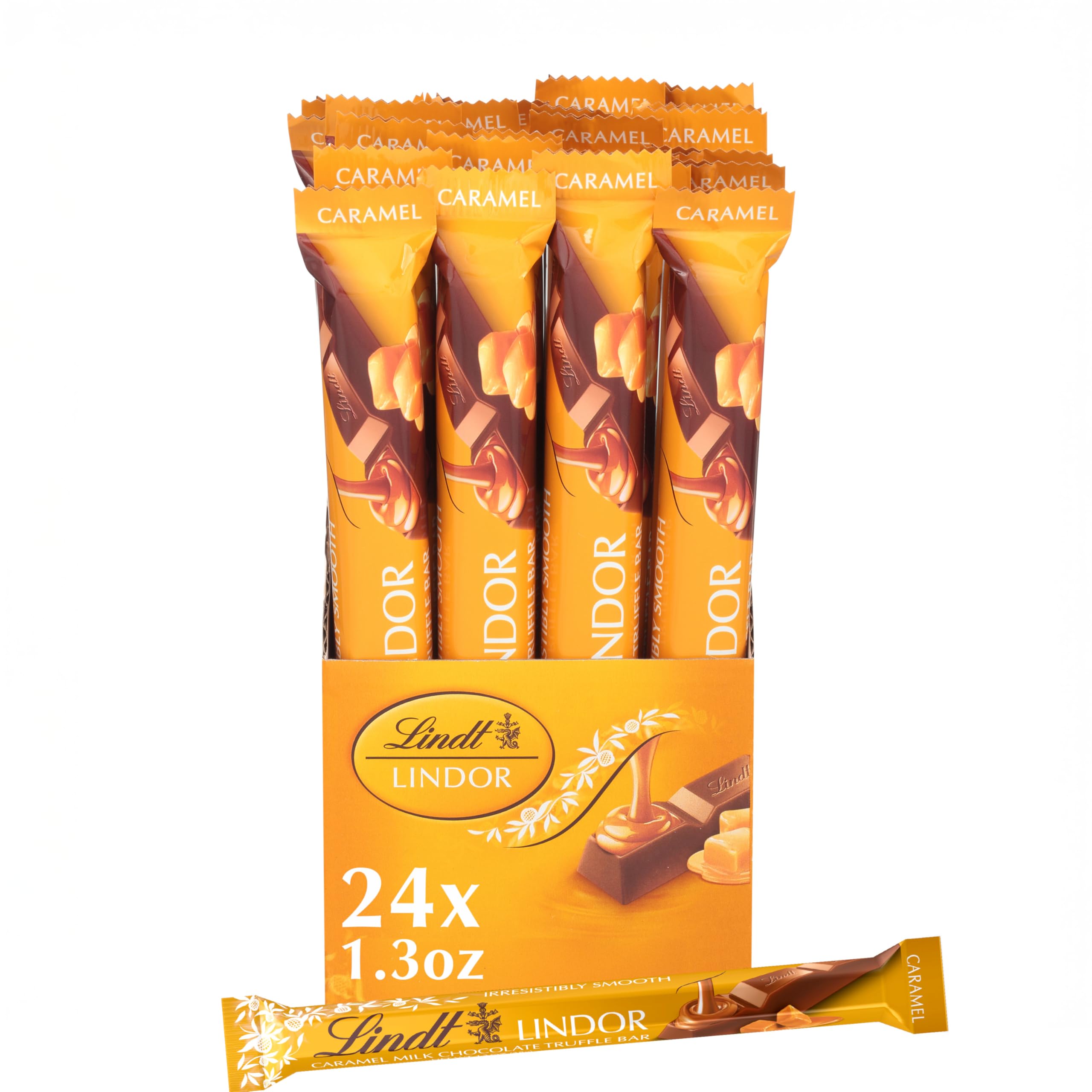 Lindt Lindor Caramel Bar front view shows smooth milk chocolate shell, ideal for gifting