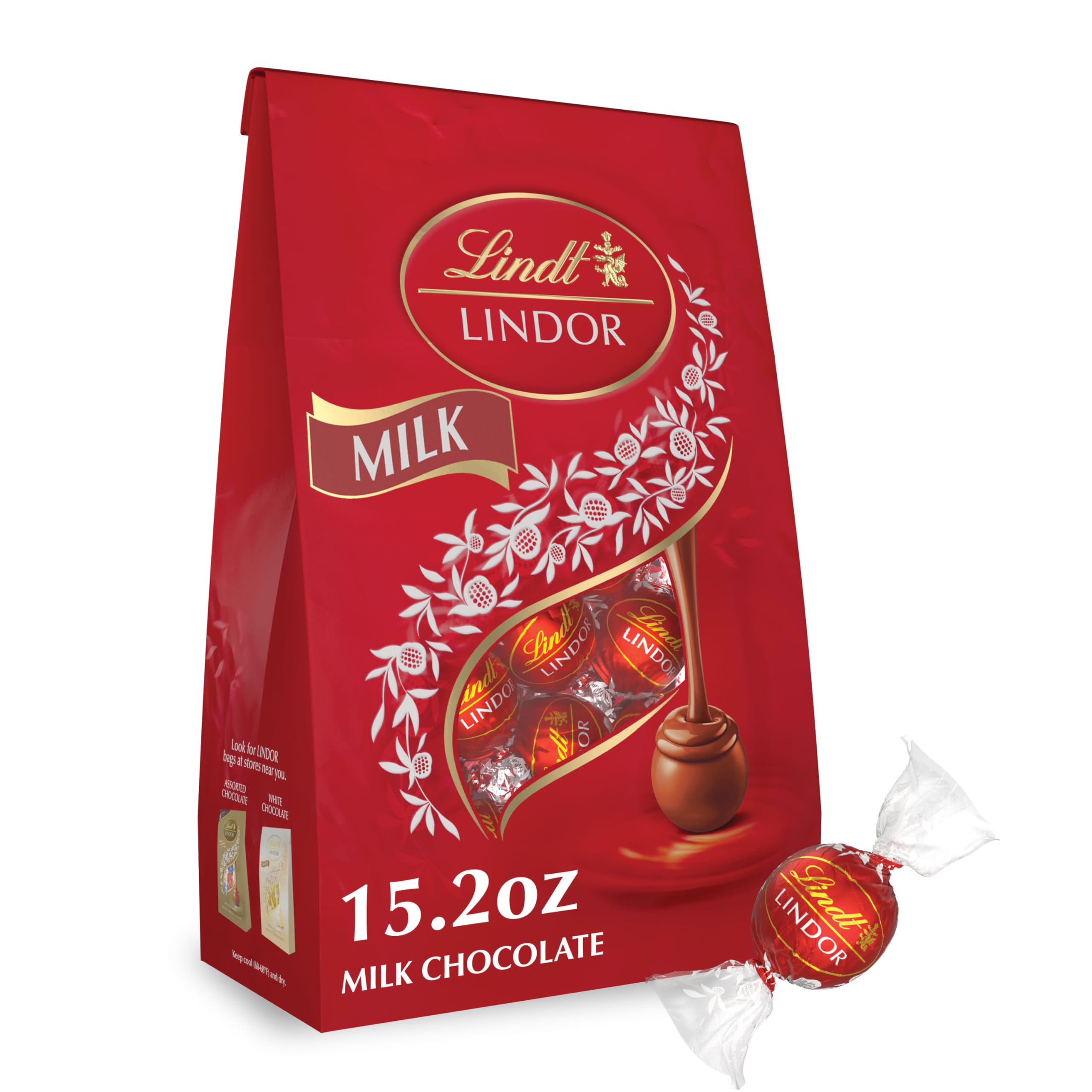 Lindt Lindor milk chocolate truffles bag front, ideal for sharing at gatherings.