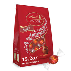 Lindt Lindor milk chocolate truffles bag front, ideal for sharing at gatherings.