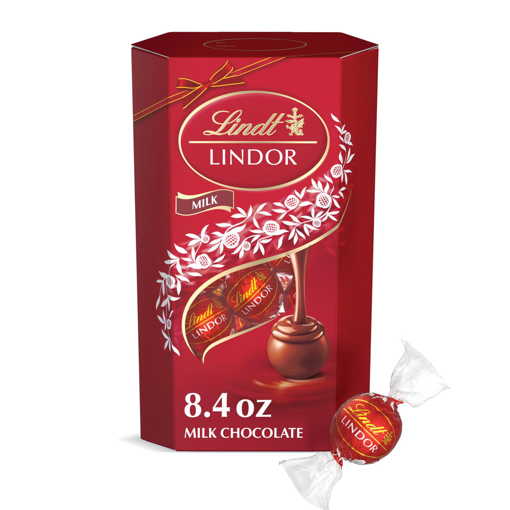 Lindt LINDOR milk chocolate truffles box front with gift-ready packaging