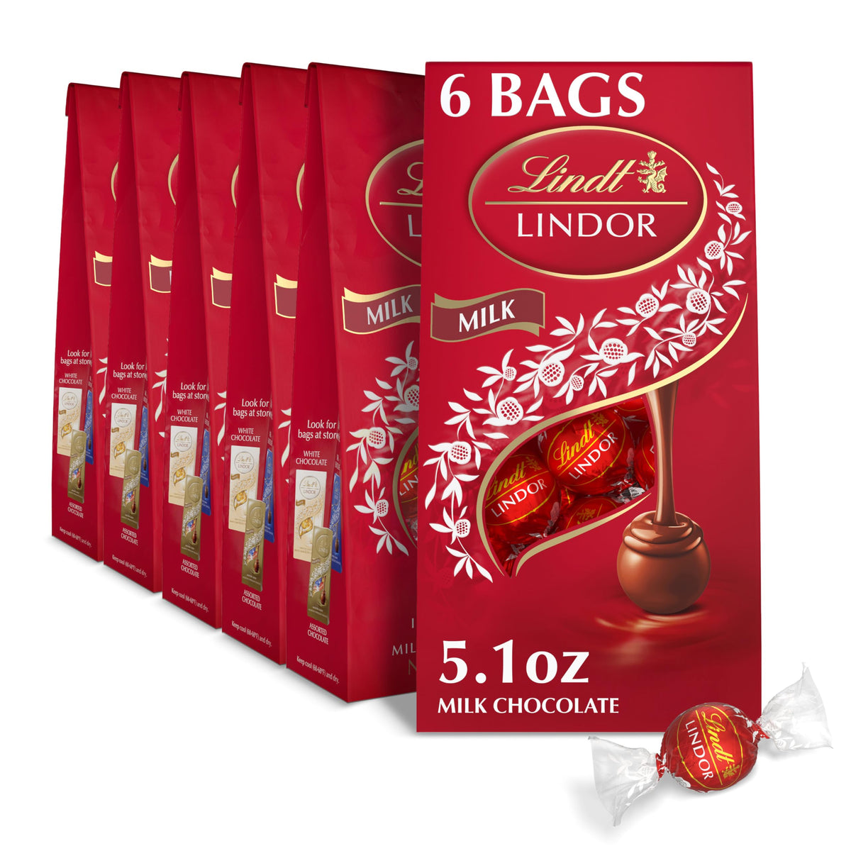 Lindt Lindor Milk Truffles shell closeup, premium chocolate ready for gifting.