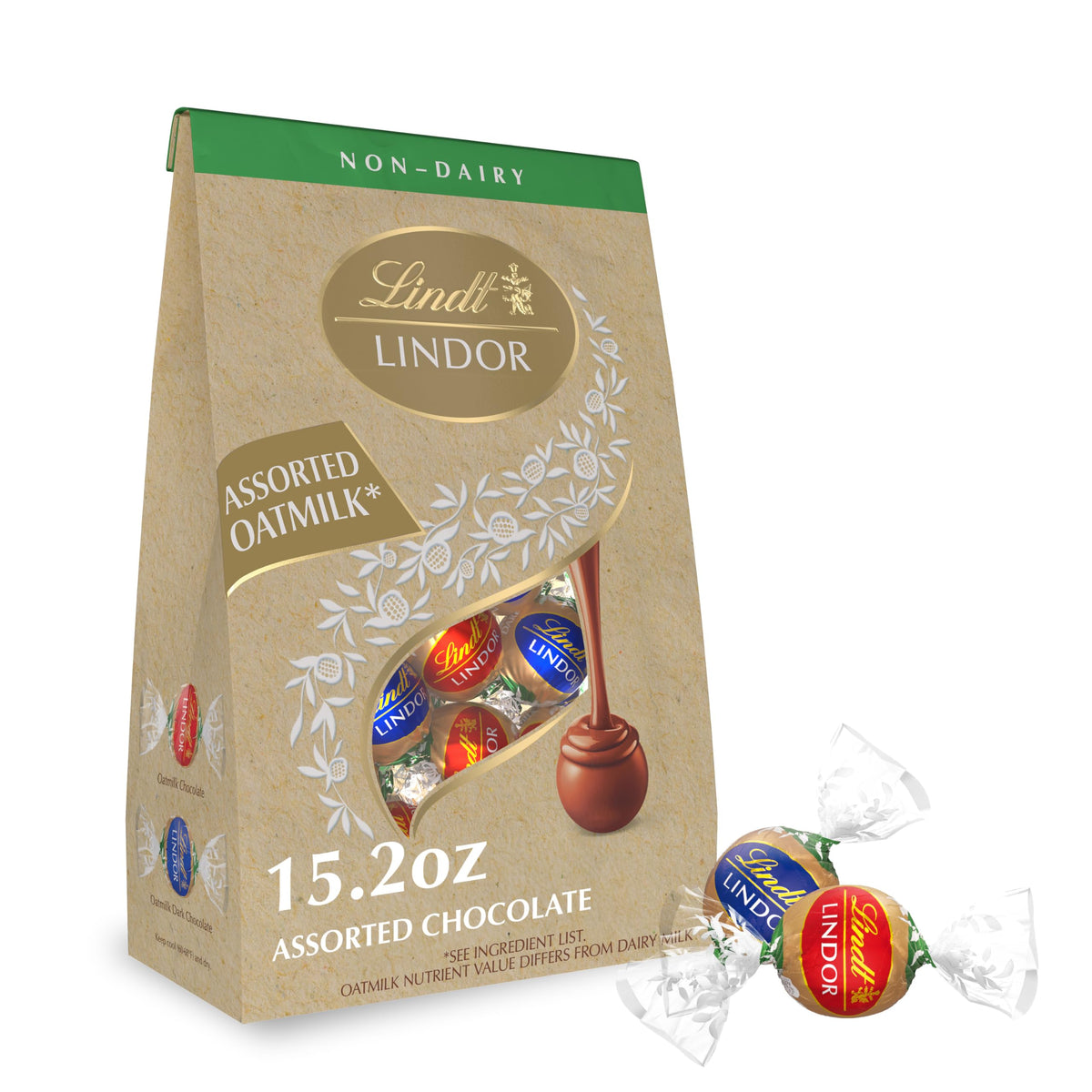 Lindt Lindor OatMilk truffles bag front, premium packaging for gifting