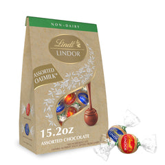 Lindt Lindor OatMilk truffles bag front, premium packaging for gifting