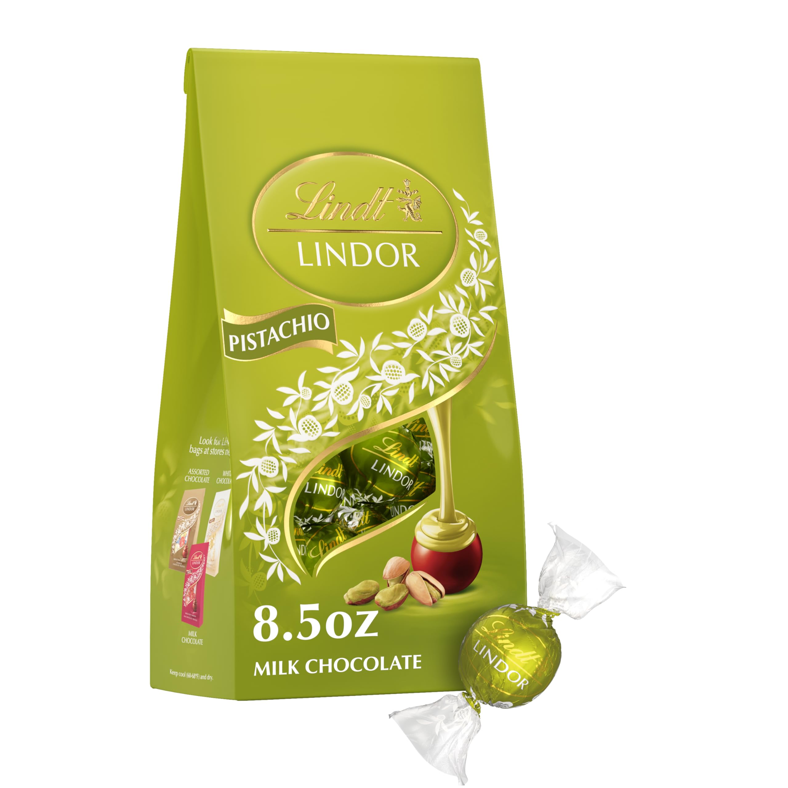 Lindt Lindor Pistachio bag on display, ideal for sharing during gatherings.