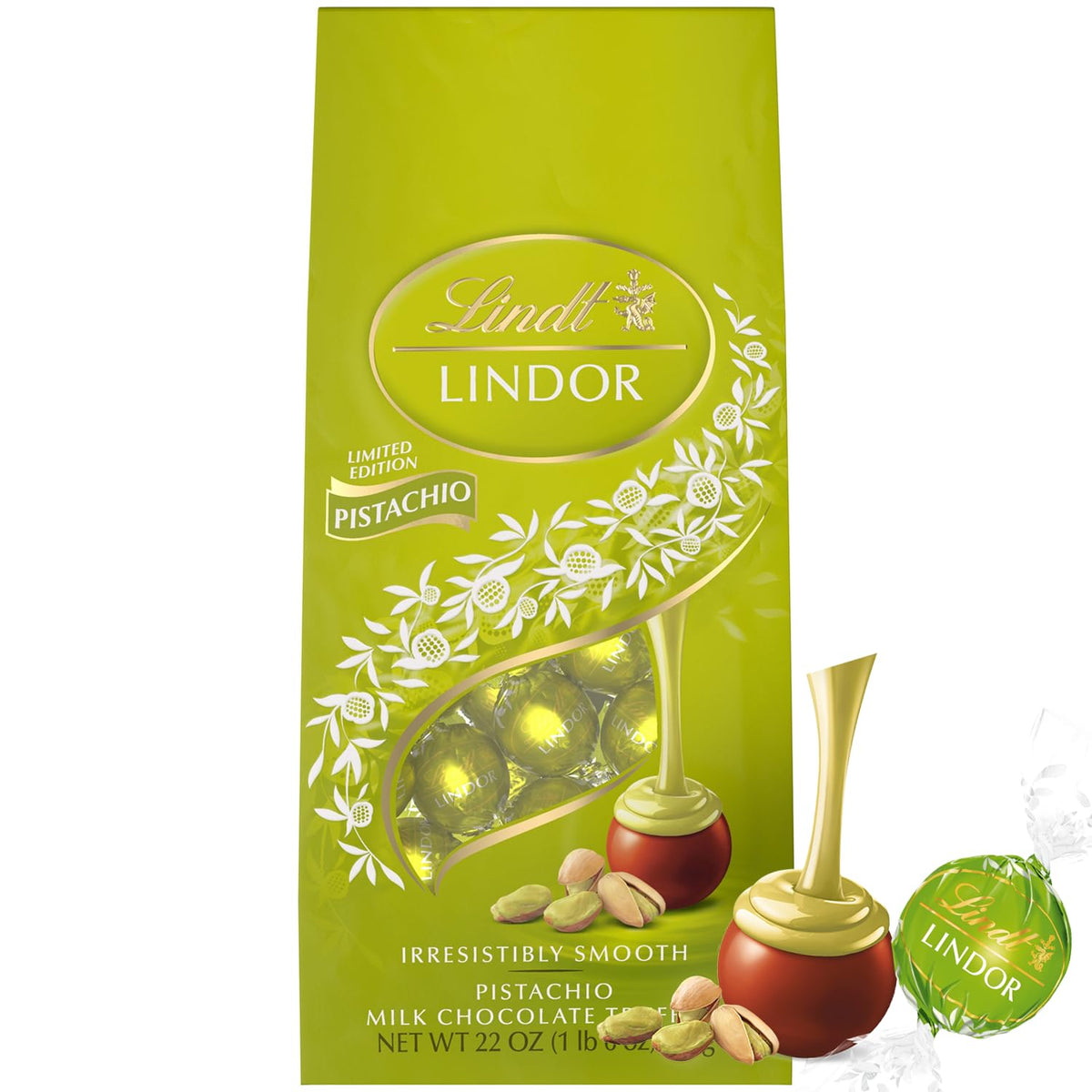 Lindt Lindor Pistachio Milk Truffles shell close-up shows silky texture perfect for gifting