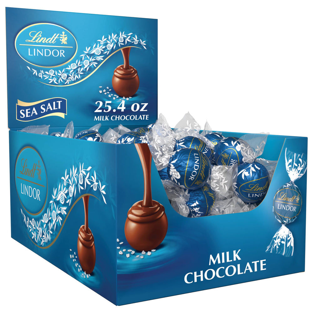 Lindt LINDOR Sea Salt Milk Chocolate Truffles box front, ideal for gifting.