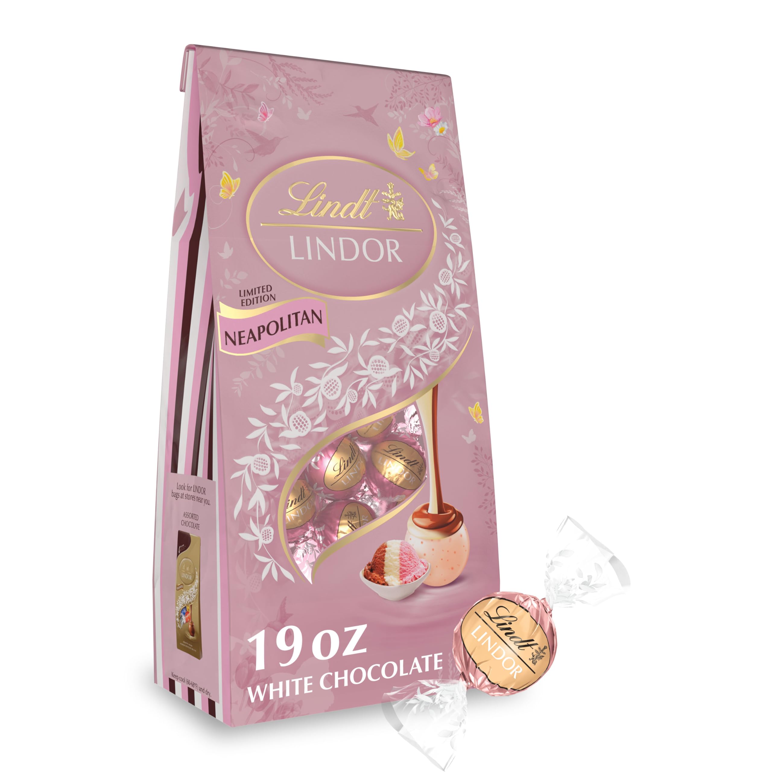 Lindt LINDOR Spring Neapolitan truffles in a 19 oz bag, ideal for gifting.