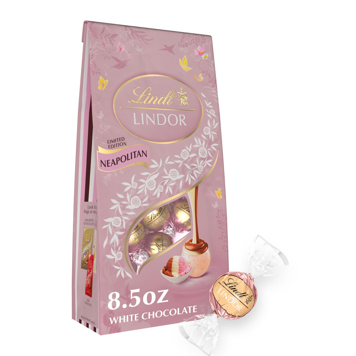 Lindt LINDOR spring neapolitan white chocolate truffles with strawberry shell, ideal gift