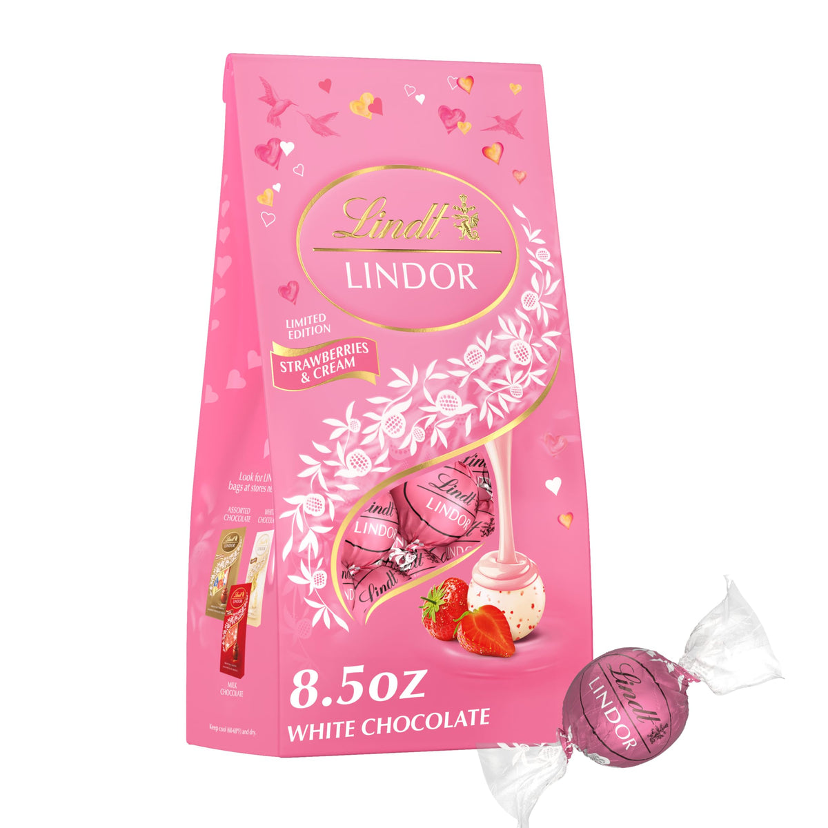 Lindt LINDOR strawberries and cream truffles in an 8.5 oz gift bag.