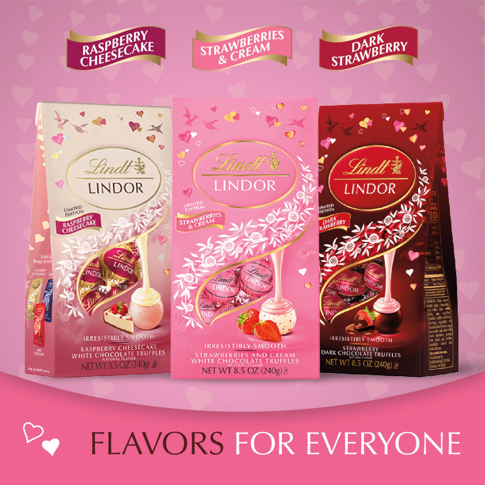 Valentine gift setup with Lindt LINDOR truffles and flowers.
