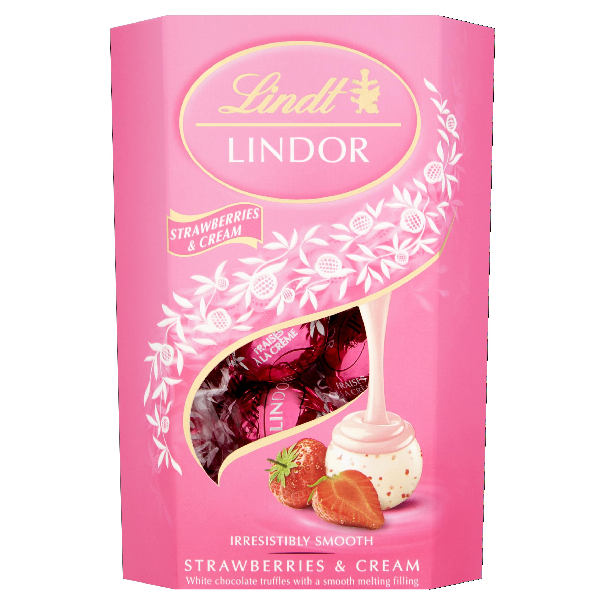 Lindt Lindor Strawberry & Cream truffle shell close-up, smooth melt perfect for gifting.