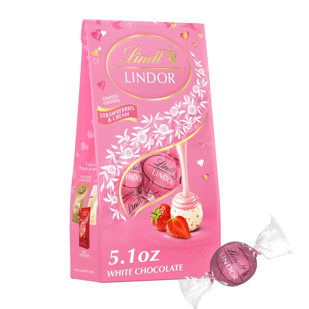 Lindt LINDOR Strawberries & Cream truffles bag view, ideal Valentine gift.