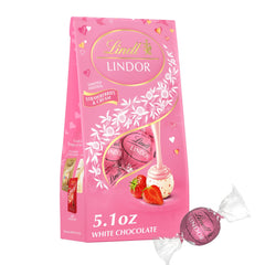 Lindt LINDOR Strawberries & Cream truffles bag view, ideal Valentine gift.