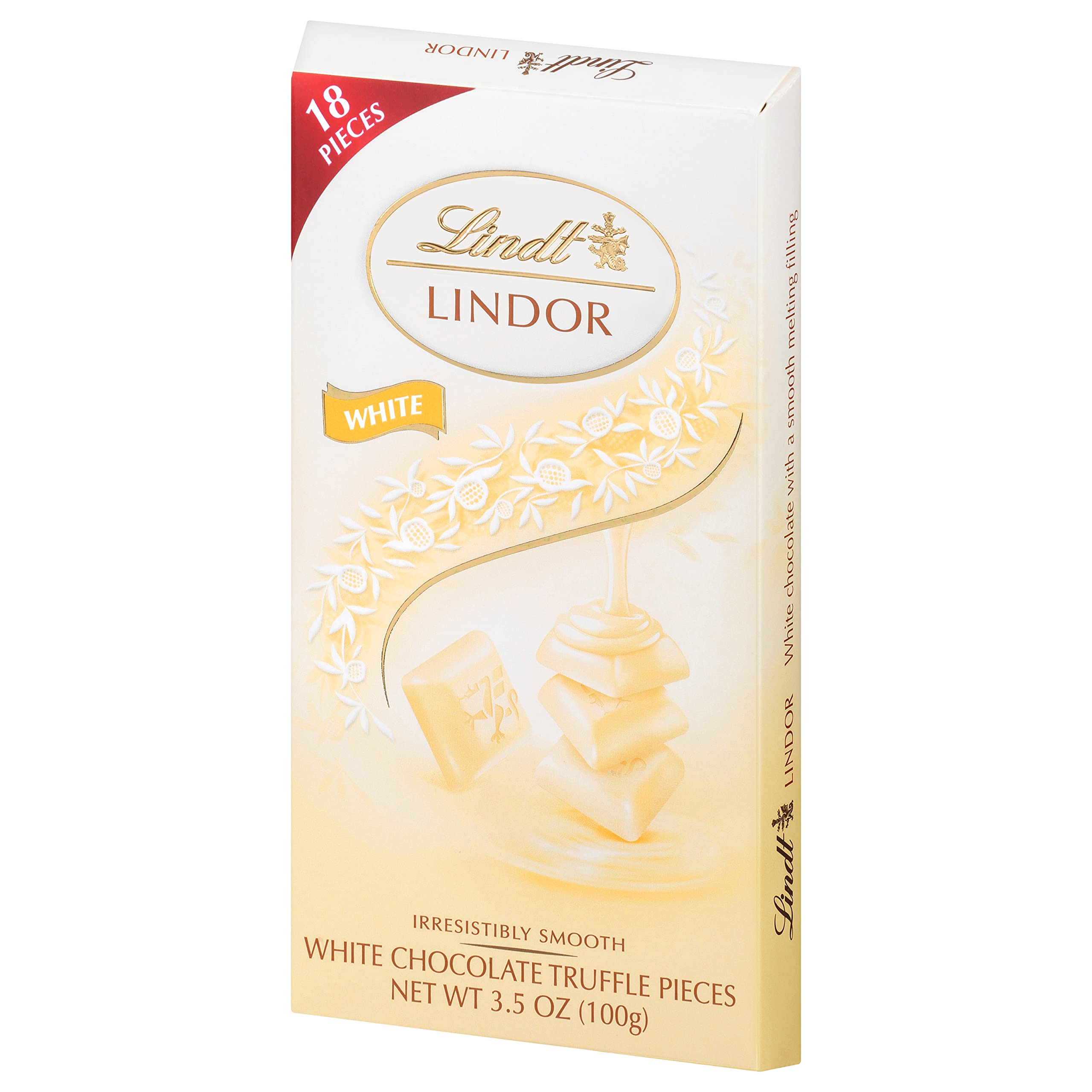 Lindt Lindor white bar on shelf presents gift-worthy packaging.
