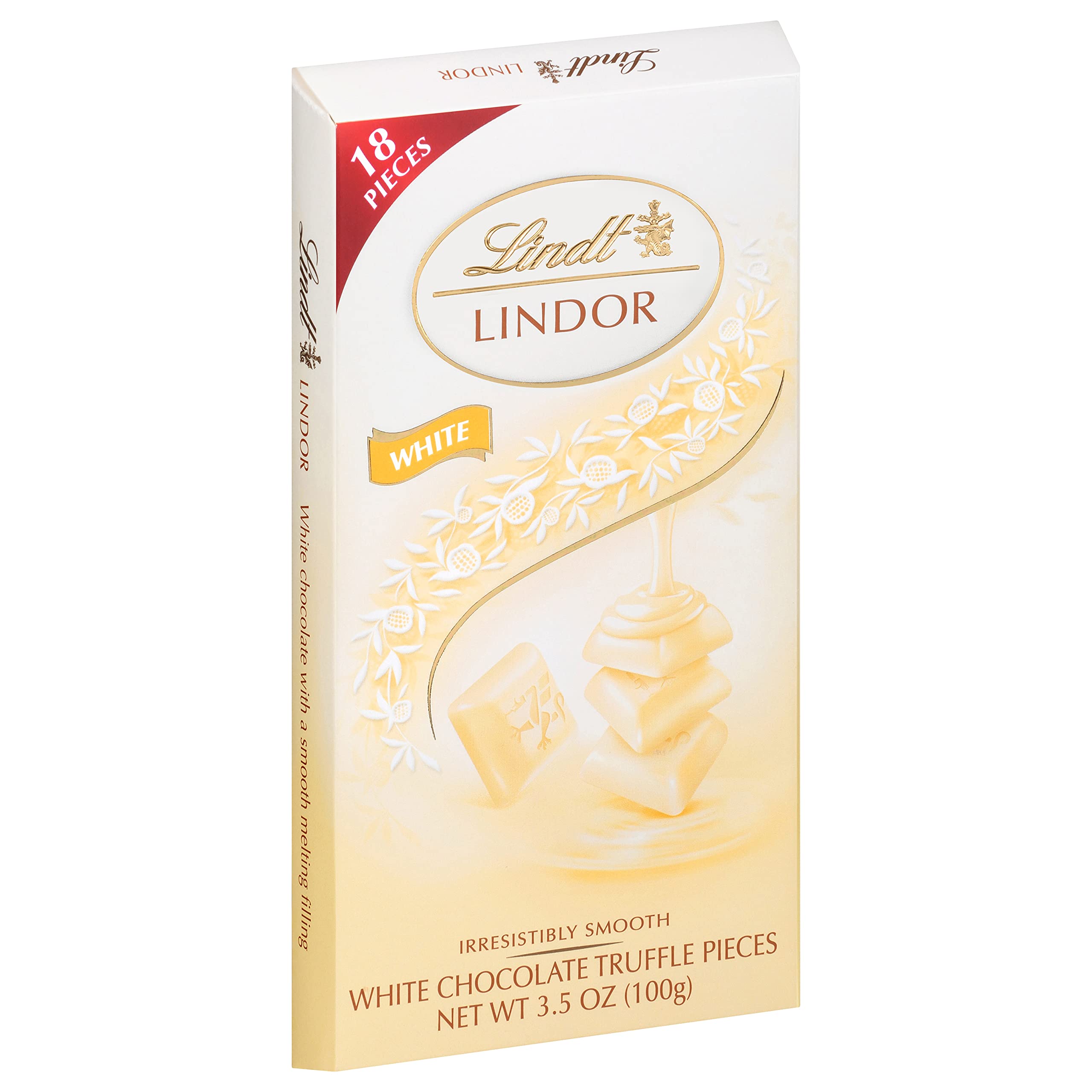 Lindt Lindor white bar packaging detail with elegant foil.