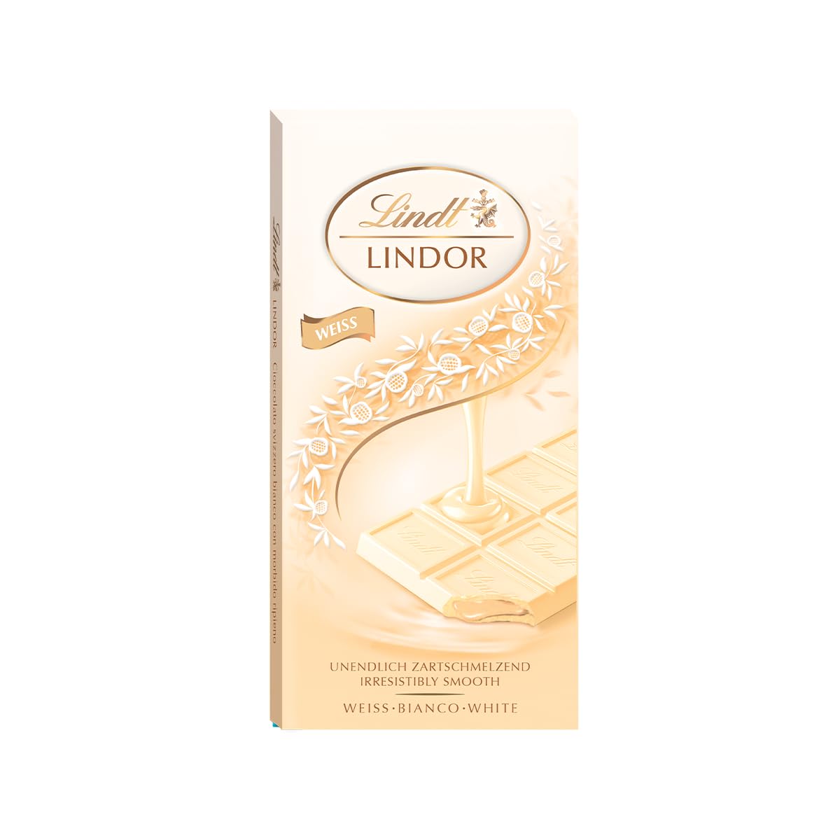 Lindt Lindor White Chocolate Bar 100g unwrapped showing silky melt for indulgence
