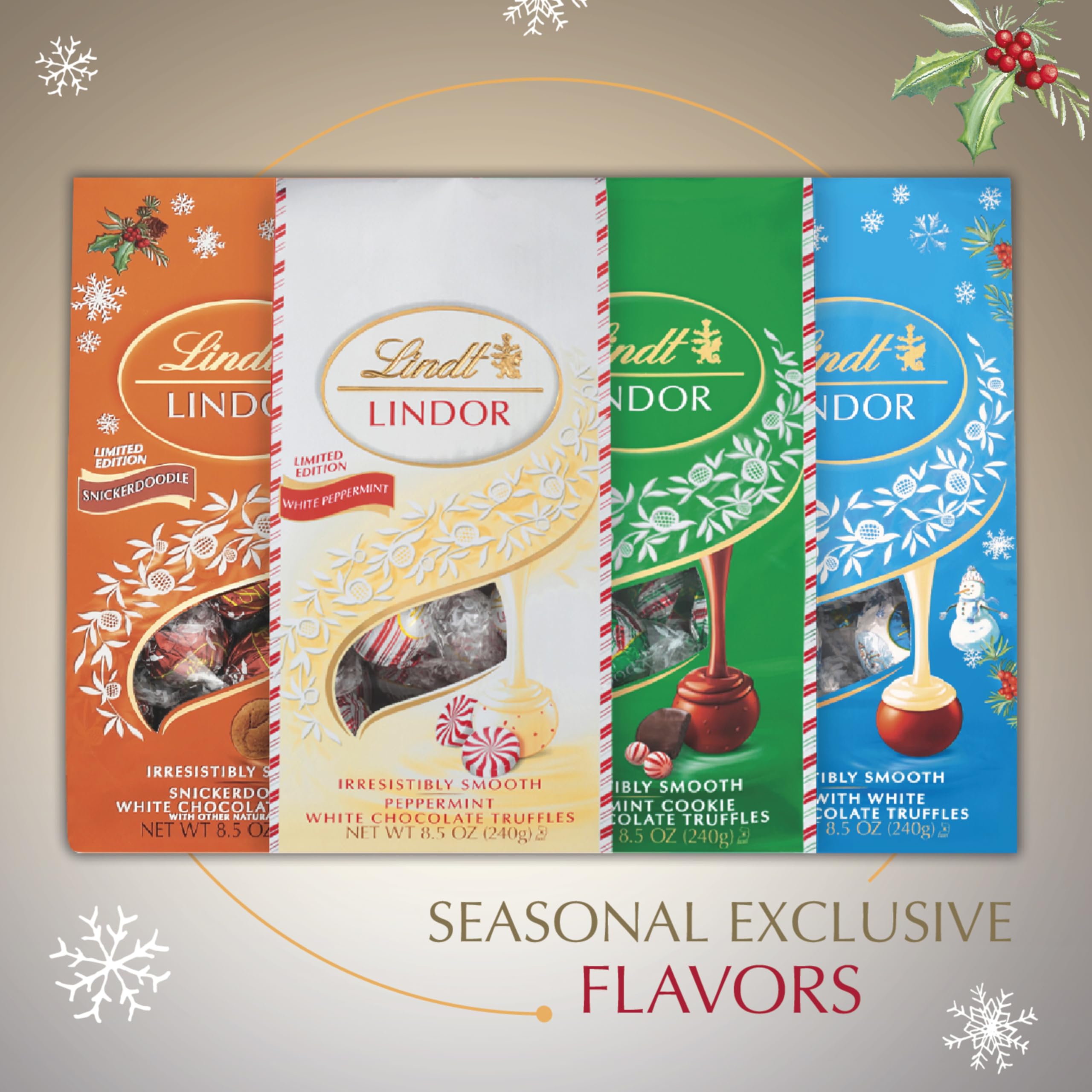 Lindt LINDOR melt-in-mouth texture described as smooth peppermint centers.