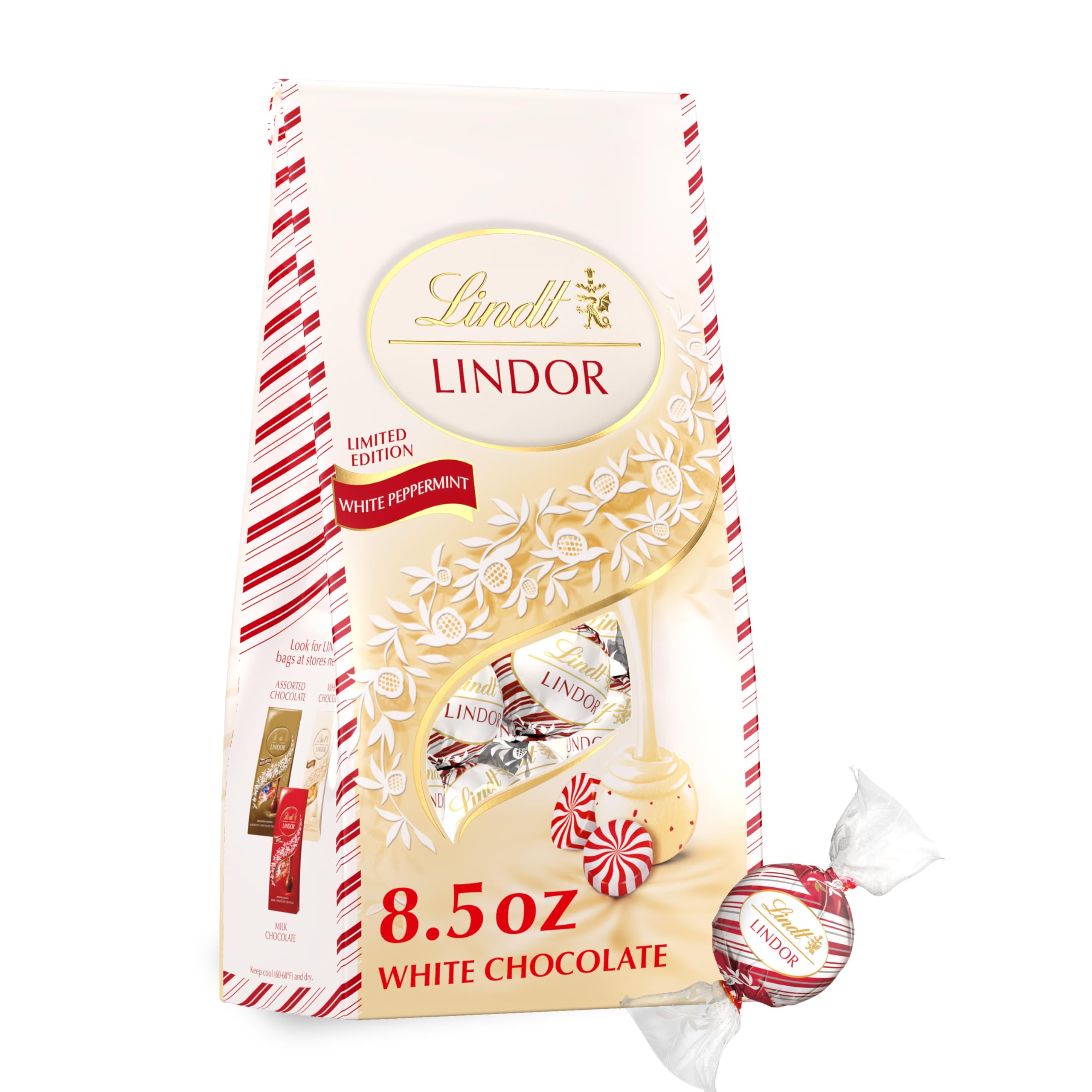 Lindt Lindor White Peppermint Truffles in a bag, ideal for sharing this season.