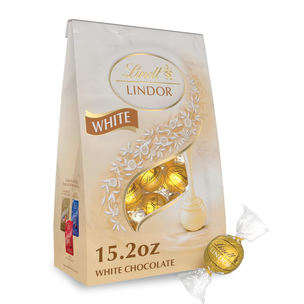 Lindt Lindor White Truffles 15.2 oz bag closeup, perfect for sharing.