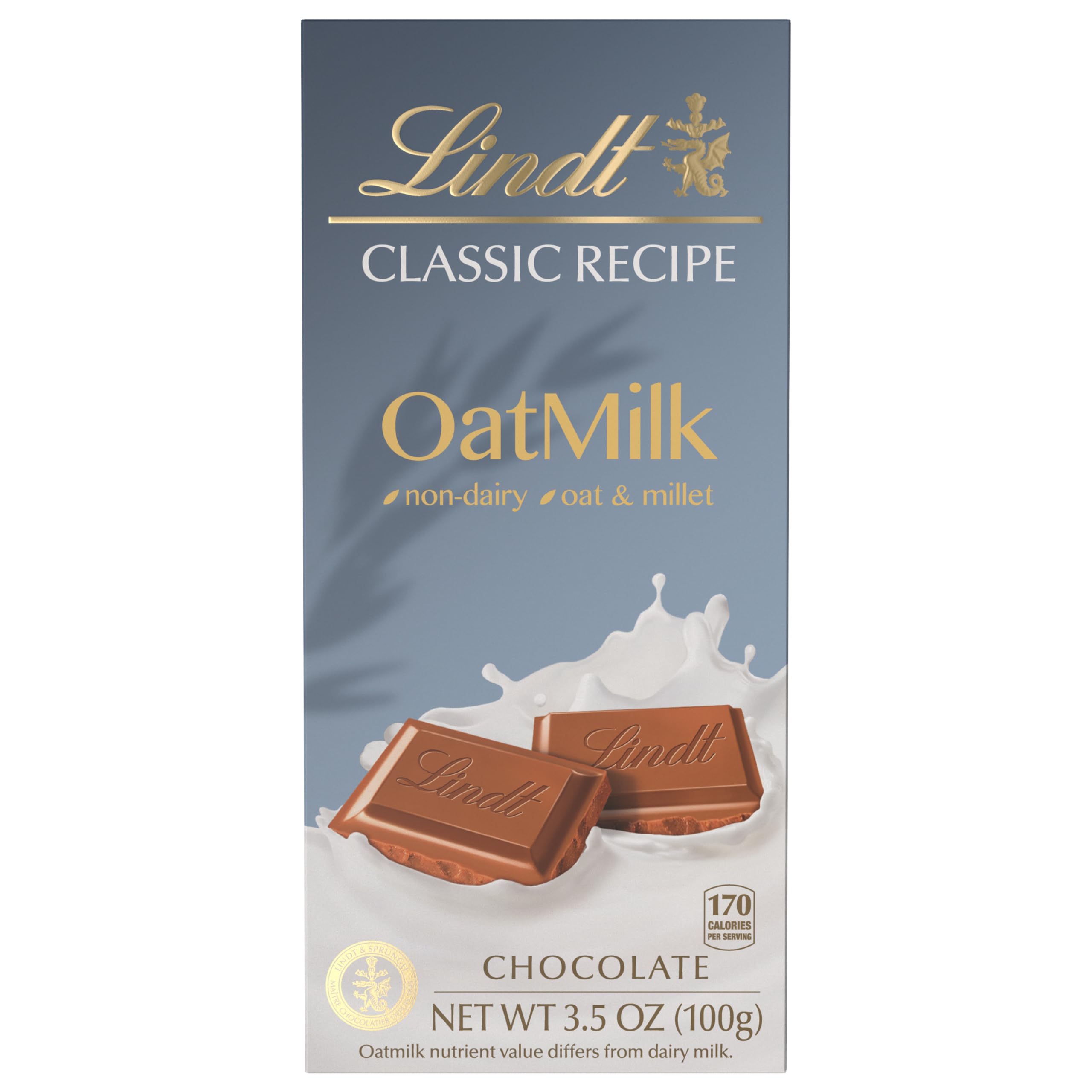 Lindt Oat Milk Bar packaging communicates premium, plant-based indulgence.