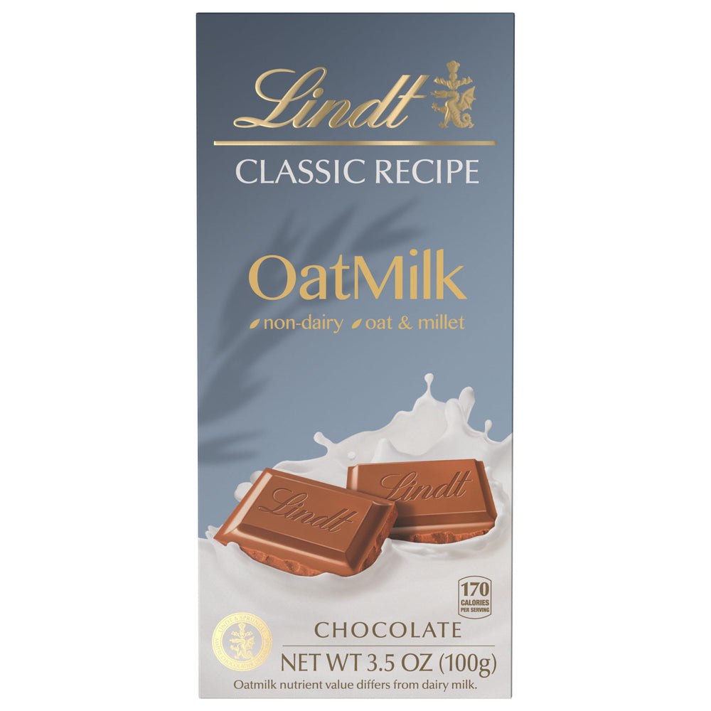 Lindt Oat Milk Bar packaging communicates premium, plant-based indulgence.