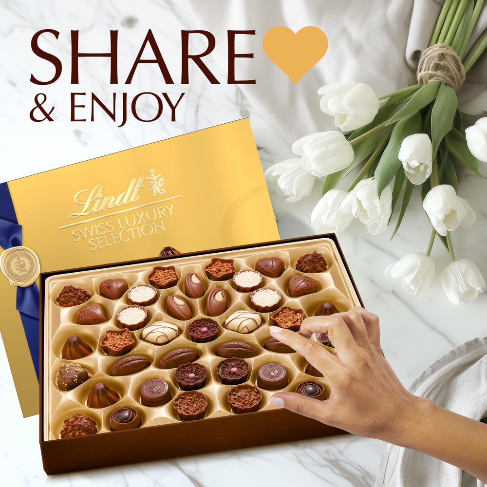 Lindt Swiss Luxury Selection assorted chocolates scene highlighting variety for sharing moments.