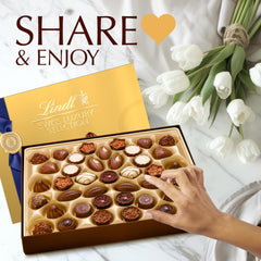 Lindt Swiss Luxury Selection assorted chocolates scene highlighting variety for sharing moments.