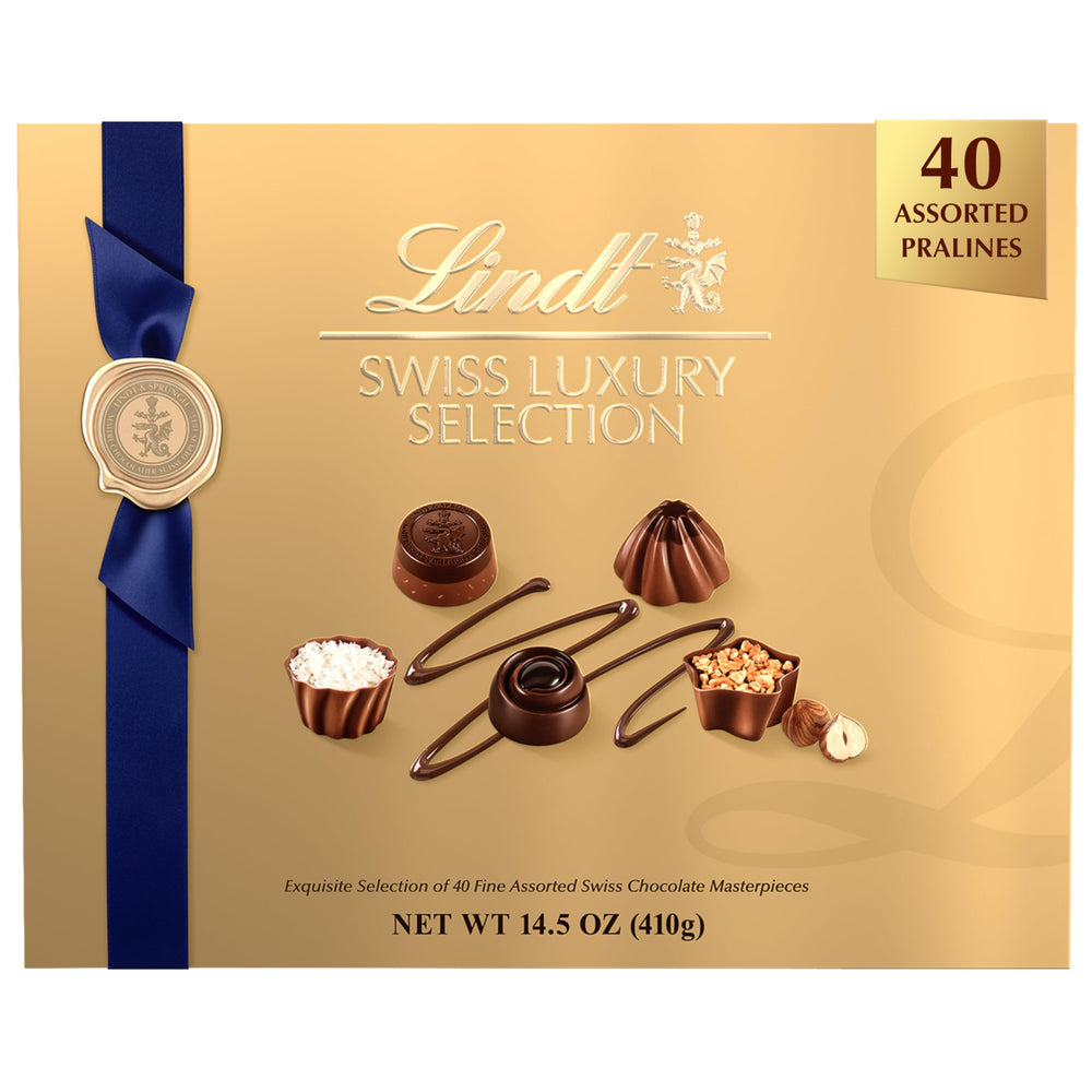 Lindt Swiss Luxury Selection box front, an elegant gift for celebrations.