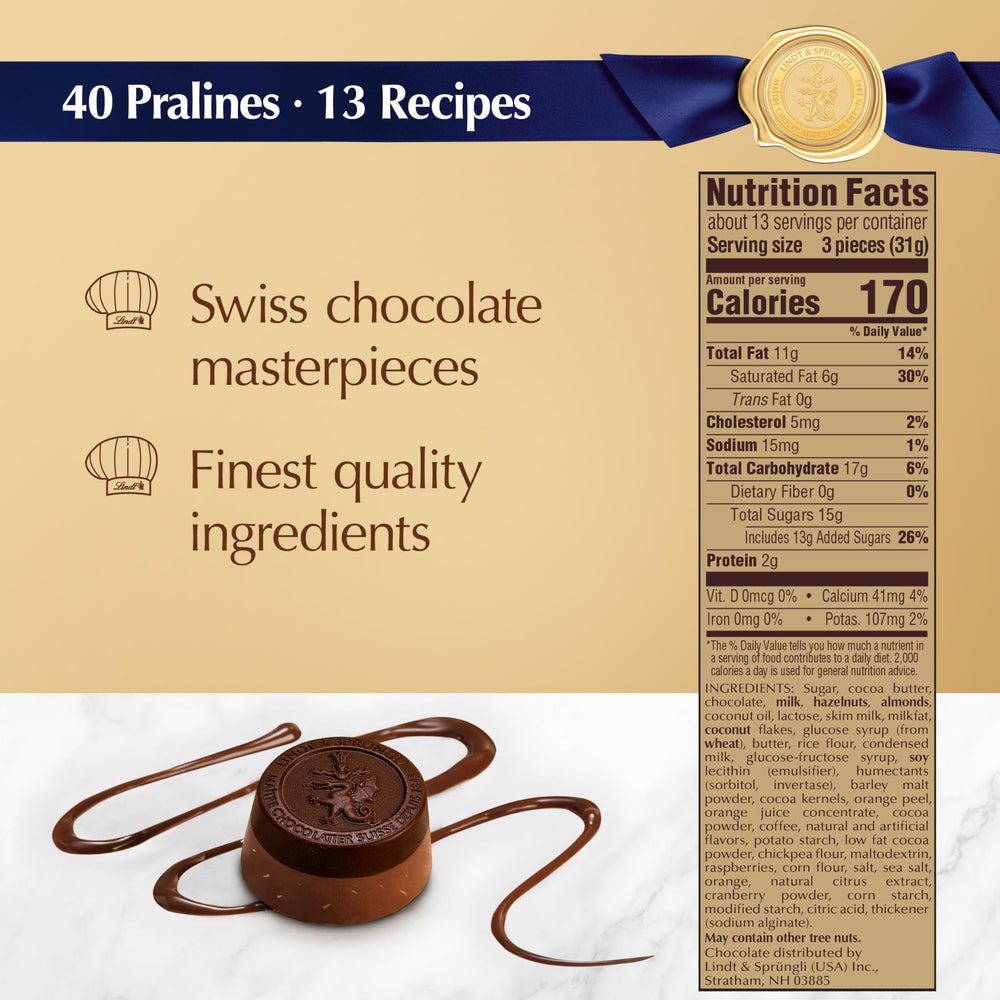 Lindt Swiss Luxury Selection pralines closeup with glossy ganache and premium detailing.