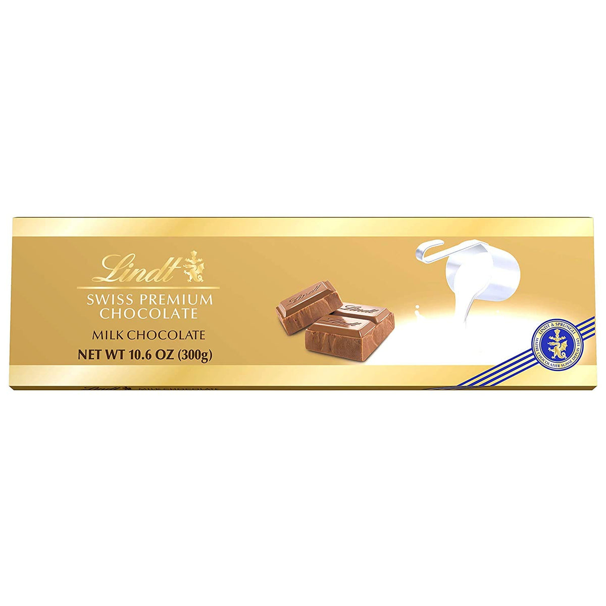 Lindt Swiss Milk Chocolate Bar 300g packshot, premium Swiss chocolate for gifting and sharing.