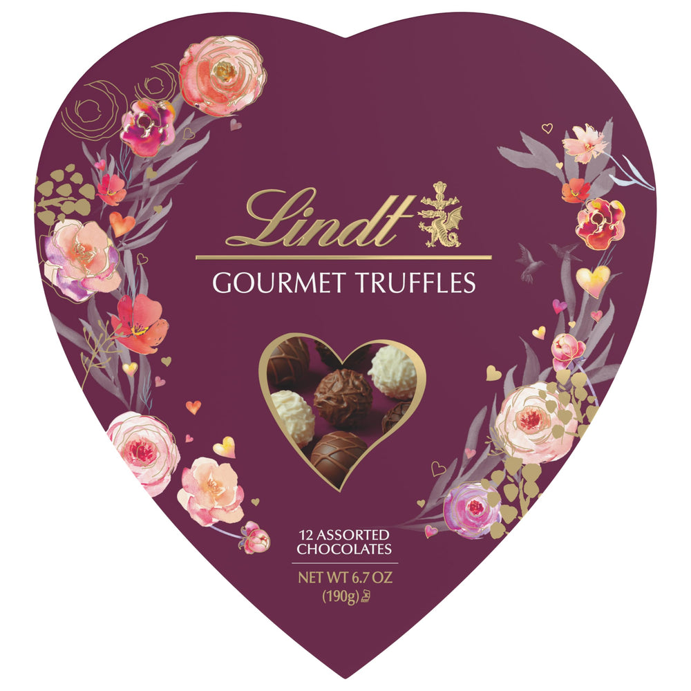 Lindt Valentine's Gourmet Truffles heart box front view shows premium indulgence for sharing