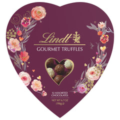Lindt Valentine's Gourmet Truffles heart box front view shows premium indulgence for sharing